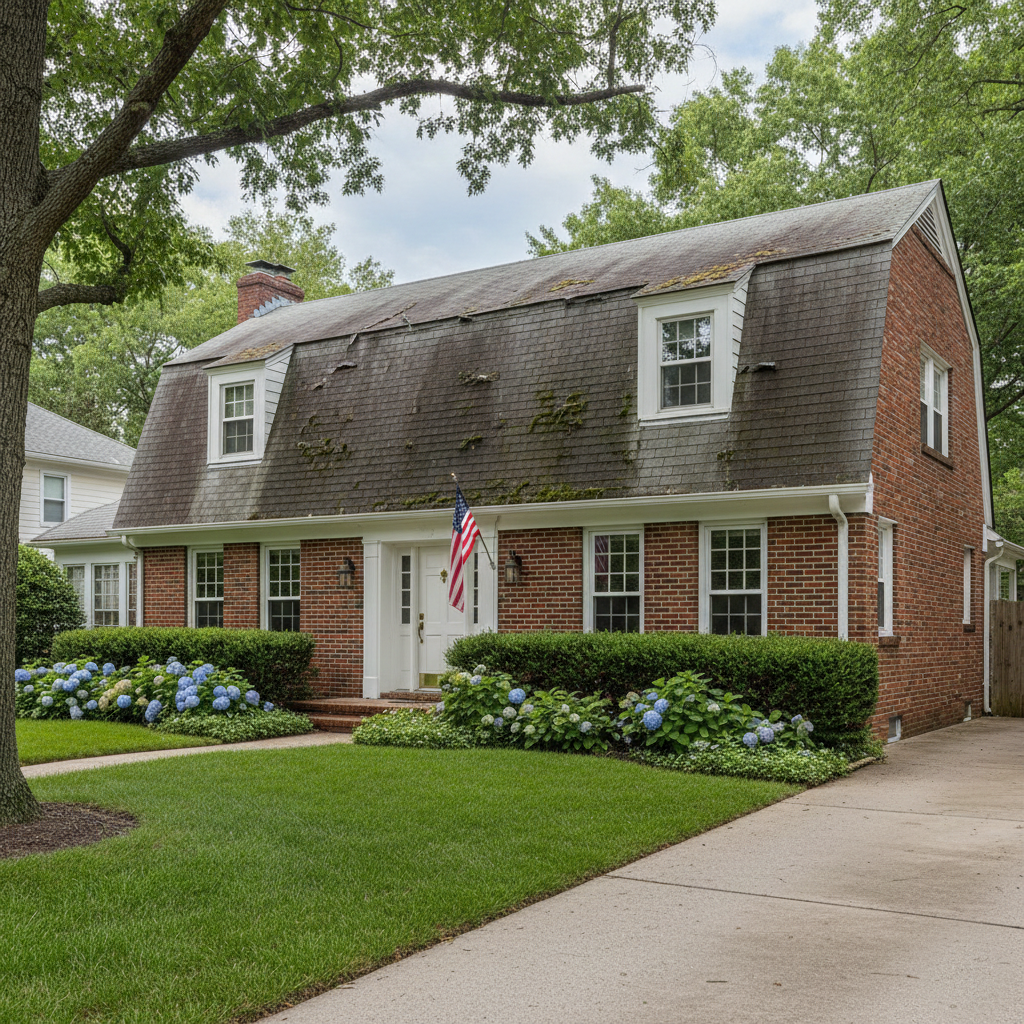 Suburban brick Dutch Colonial home with failing gray asphalt shingle roof. The roof shows heavy moss buildup, dark algae streaks, and shingles with significant granule wear and curling, illustrating the need for a roof replacement.