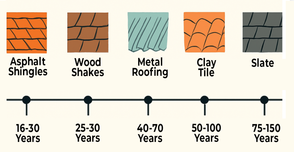 Infographic for Cordell Exteriors showing roofing type longevity. Chart lists Asphalt Shingles (16-30 years), Wood Shakes (25-30 years), Metal Roofing (40-70 years), Clay Tile (50-100 years), and Slate (75-150 years).