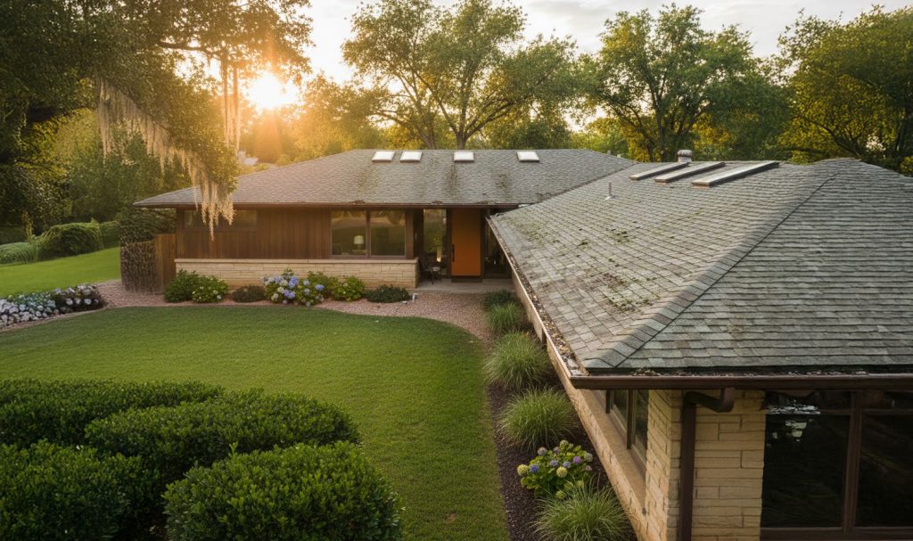 Coastal Virginia mid-century modern house with asphalt shingle roof deterioration. Image shows subtle shingle curling, streaking, and sun wear, highlighting the need for roofing maintenance or replacement by Cordell Exteriors.