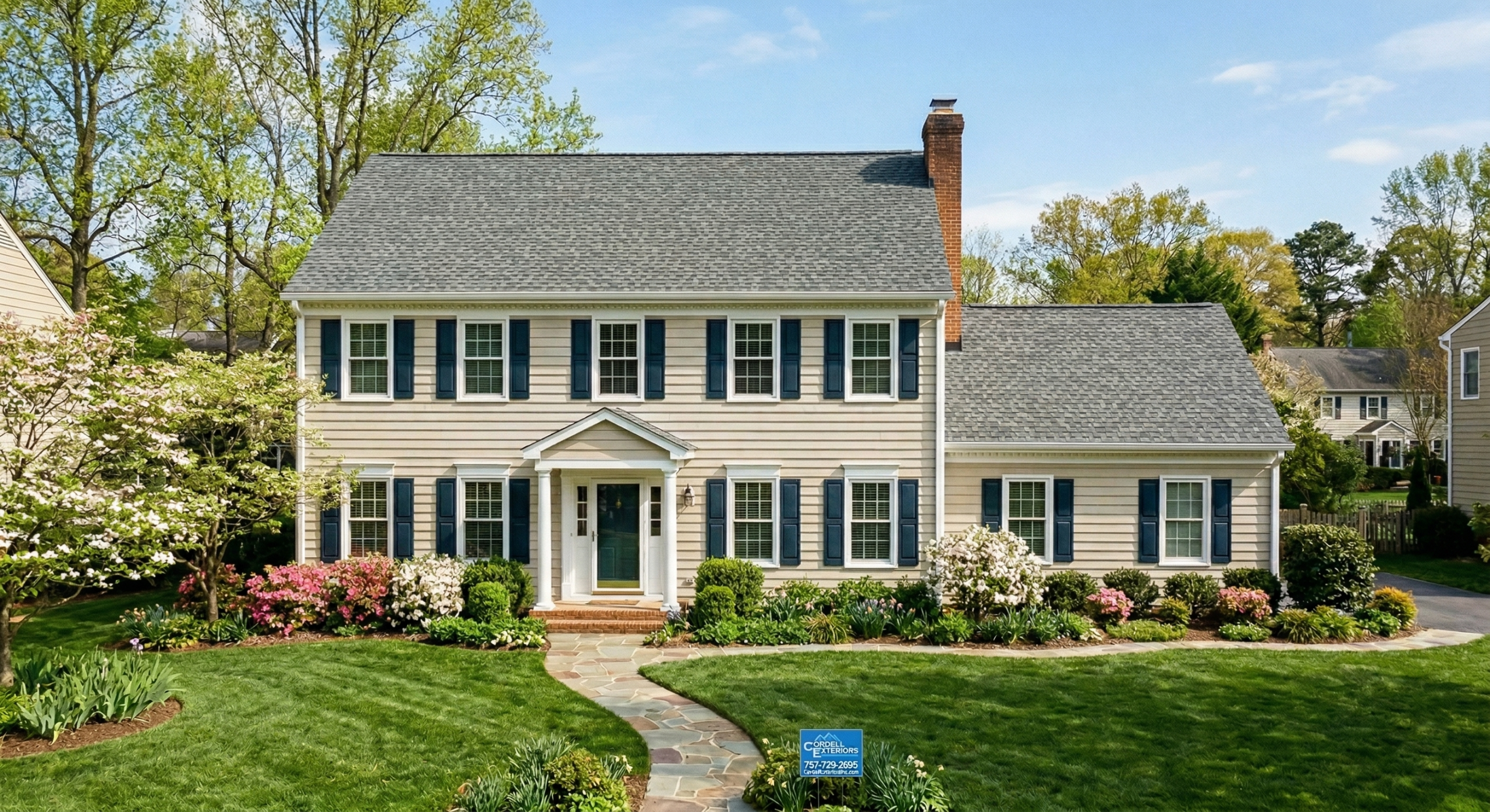 This is a beautiful Colonial home featuring a pristine grey asphalt roof, dark shutters, and gorgeous spring landscaping.